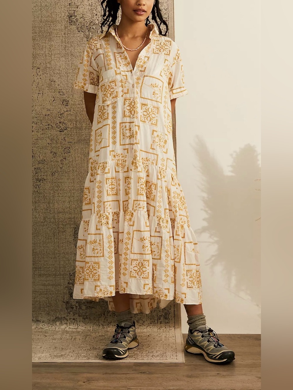 Urban Outfitters UO Smith Button-Up Frock Dress Mustard Yellow Embroidery M